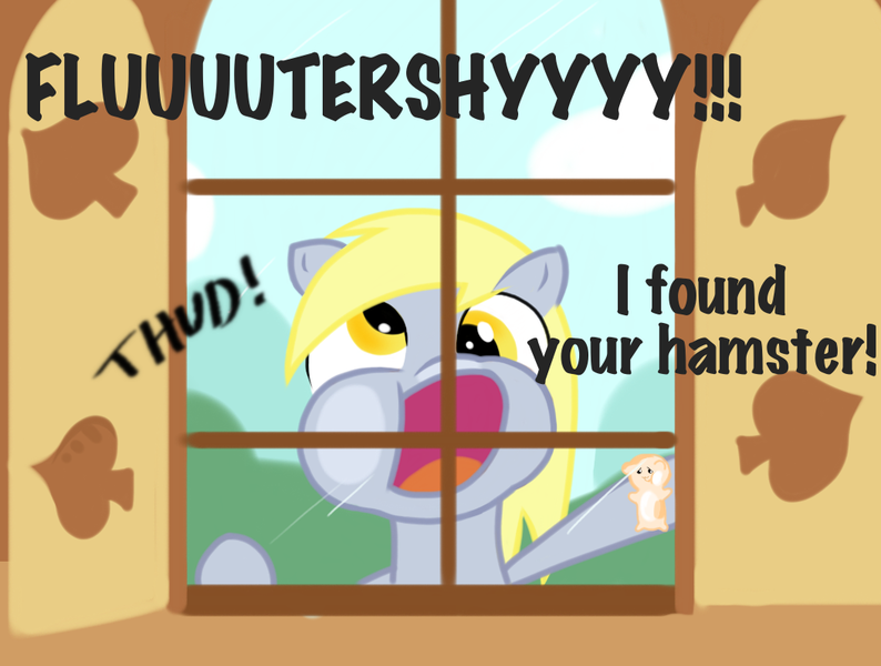 Size: 1054x796 | Tagged: safe, artist:wripple, derpibooru import, derpy hooves, hamster, pegasus, pony, against glass, dialogue, female, mare, window