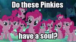Size: 500x281 | Tagged: safe, derpibooru import, edit, edited screencap, screencap, pinkie pie, earth pony, pony, too many pinkie pies, :t, animated, blinking, c:, caption, clone, cute, faic, female, geth, grin, head tilt, image macro, jumping, legion, looking at you, mare, mass effect, meme, meta, open mouth, pinkie clone, pinkie clone debate, pronking, raised hoof, smiling, squee, text