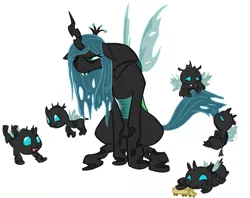 Size: 1112x882 | Tagged: artist:elslowmo, artist:nobody, changeling, changeling queen, cute, cutealis, cuteling, derpibooru import, exhausted, female, mommy chrissy, nymph, offspring, parent:queen chrysalis, queen chrysalis, safe, tired, toy, toy train