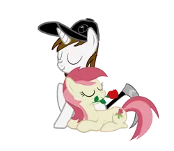 Size: 900x780 | Tagged: safe, artist:mibevan, derpibooru import, roseluck, oc, pony, unicorn, canon x oc, ev b, hat