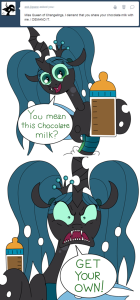 Size: 1280x2740 | Tagged: adult foal, artist:jay muniz, ask, ask crinkle bottom chrysalis, baby bottle, bait and switch, bottle, chocolate milk, comic, diaper, diaper fetish, milk, pigtails, queen chrysalis, questionable, rage, tumblr