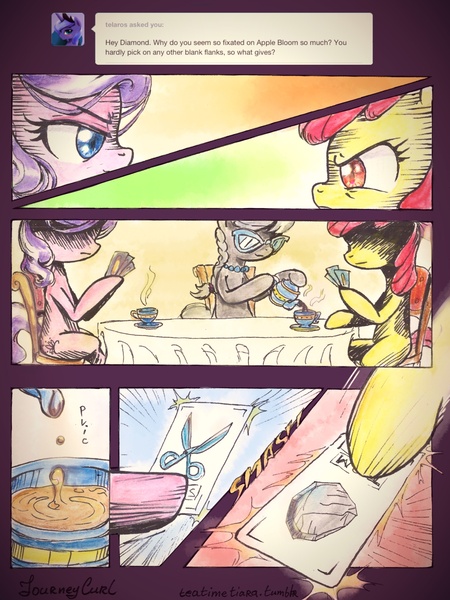 Size: 1536x2048 | Tagged: safe, artist:almaska, derpibooru import, apple bloom, diamond tiara, silver spoon, tom, earth pony, pony, tumblr:teatimetiara, card game, cup, female, filly, food, rock paper scissors, tea, teacup, teapot, tumblr