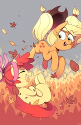 Size: 640x989 | Tagged: safe, artist:karzahnii, derpibooru import, apple bloom, applejack, earth pony, pony, adorabloom, autumn, blank flank, cute, duo, eyes closed, female, filly, jackabetes, leaf, leaves, mare, open mouth, ribbon, sisters