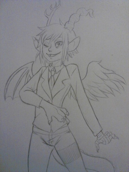 Size: 768x1024 | Tagged: artist:quackingmoron, clothes, derpibooru import, discord, eared humanization, horned humanization, humanized, monochrome, necktie, safe, solo, suit, traditional art, winged humanization, wink