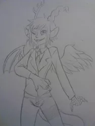 Size: 768x1024 | Tagged: artist:quackingmoron, clothes, derpibooru import, discord, eared humanization, horned humanization, humanized, monochrome, necktie, safe, solo, suit, traditional art, winged humanization, wink