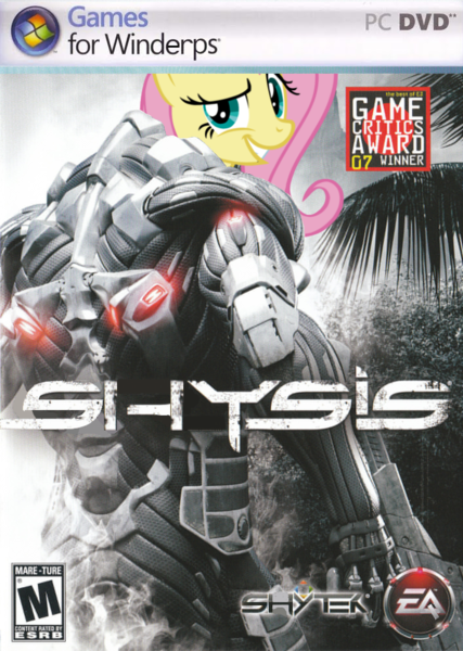 Size: 712x1000 | Tagged: always works, artist:nickyv917, box art, crysis, derpibooru import, dreamworks face, ea, fluttershy, parody, safe, windows