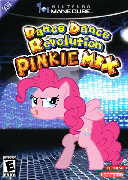 Size: 711x1000 | Tagged: safe, artist:nickyv917, derpibooru import, pinkie pie, box art, chicken dance, dance dance revolution, dance dance revolution mario mix, gamecube, konami, nintendo, parody, rhythm game, solo