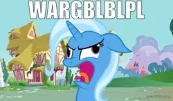 Size: 1024x600 | Tagged: safe, derpibooru import, trixie, pony, unicorn, derp, female, image macro, mare, meme, solo, trixie yells at everything, wheels trixie