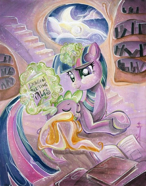 Size: 628x800 | Tagged: artist:sararichard, derpibooru import, golden oaks library, magic, mama twilight, safe, spike, spikelove, traditional art, twilight sparkle