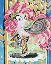 Size: 630x800 | Tagged: safe, artist:sararichard, derpibooru import, pinkie pie, clothes, dress, jewelry, solo, traditional art