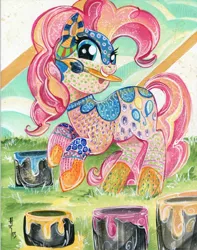 Size: 630x800 | Tagged: artist:sararichard, body art, bodypaint, derpibooru import, paint, paintbrush, paint on fur, pinkie pie, safe, solo, traditional art