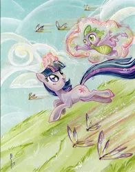 Size: 628x800 | Tagged: safe, artist:sararichard, derpibooru import, idw, spike, twilight sparkle, magic, telekinesis, traditional art