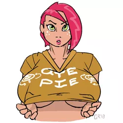 Size: 900x900 | Tagged: artist:moronsonofboron, babs seed, big breasts, breasts, busty babs seed, clothes, derpibooru import, female, graphic tee, huge breasts, human, humanized, shirt, shirt lift, solo, solo female, striptease, suggestive, underboob