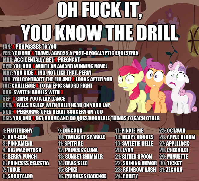 Size: 1100x1000 | Tagged: apple bloom, applejack, babs seed, berry punch, berryshine, big macintosh, birthday game, bon bon, cheerilee, cutie mark crusaders, derpibooru import, derpy hooves, discord, exploitable meme, fluttershy, lyra heartstrings, mane seven, mane six, minuette, oc, octavia melody, oc:ticket, pinkamena diane pie, pinkie pie, princess cadance, princess celestia, princess luna, questionable, rainbow dash, rarity, scootaloo, shining armor, silver spoon, spike, spitfire, sunset shimmer, sweetie belle, sweetie drops, text, trixie, twilight sparkle, vulgar, zecora