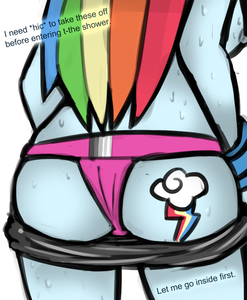 Size: 700x850 | Tagged: questionable, artist:livesmutanon, derpibooru import, rainbow dash, comic:based anon, equestria girls, /mlp/, ass, breasts, butt, butt tattoo, clothes, color, cutie mark, cutie mark on equestria girl, drunk, drunker dash, female, nipples, nudity, panties, pants, pants down, rainbutt dash, sideboob, solo, solo female, the ass was fat, thong, topless, underwear, undressing