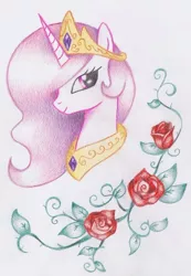 Size: 472x681 | Tagged: artist:miyukikyki, derpibooru import, portrait, princess celestia, rose, safe, solo, traditional art