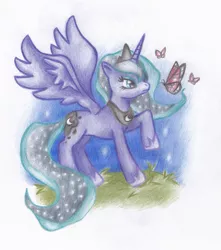 Size: 649x733 | Tagged: safe, artist:miyukikyki, derpibooru import, princess luna, alicorn, butterfly, pony, colored pencil drawing, night, raised hoof, solo, traditional art