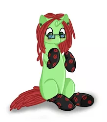 Size: 742x848 | Tagged: artist needed, safe, derpibooru import, oc, unofficial characters only, pony, unicorn, blushing, clothes, cute, dreadlocks, glasses, hermostoraunio, piercing, sitting, socks, solo