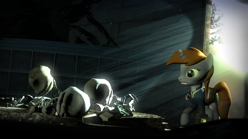 Size: 1920x1080 | Tagged: safe, artist:d0ntst0pme, derpibooru import, oc, oc:littlepip, unofficial characters only, pony, unicorn, fallout equestria, fanfic, 3d, bone, clothes, crepuscular rays, dead, fallout, fanfic art, female, gmod, gun, handgun, holotape, hooves, horn, little macintosh, mare, open mouth, pipbuck, revolver, saddle bag, skeleton, solo, vault suit, wasteland, weapon