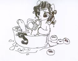 Size: 638x500 | Tagged: artist:tomatocoup, bath, bathing, bathtub, brush, brushie, derpibooru import, hair curlers, hooves, monochrome, rarity, safe, solo, traditional art, washing, younger