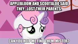 Size: 624x350 | Tagged: safe, derpibooru import, edit, edited screencap, screencap, apple bloom, scootaloo, sweetie belle, pony, unicorn, female, filly, floppy ears, image macro, implied death, naive sweetie belle, naivete of youth, naïveté of youth, sad, solo