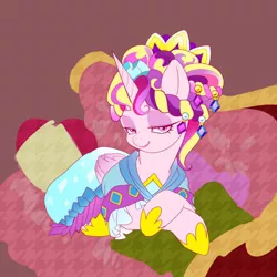 Size: 600x600 | Tagged: alternate hairstyle, artist:naoki, bedroom eyes, ceremonial headdress, clothes, derpibooru import, draw me like one of your french girls, princess cadance, safe, solo