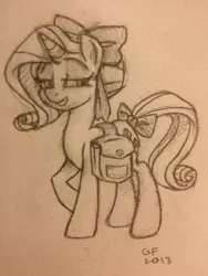 Size: 960x1280 | Tagged: safe, artist:grayflower, derpibooru import, rarity, pony, unicorn, bow, grayscale, monochrome, saddle bag, solo, tail bow, traditional art