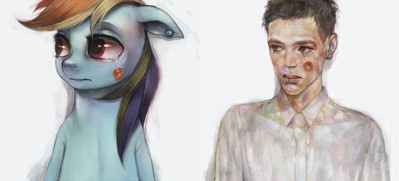 Size: 1280x580 | Tagged: artist:crookedtrees, comparison, crying, derpibooru import, human, portrait, rainbow dash, sad, safe