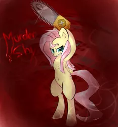 Size: 2128x2288 | Tagged: semi-grimdark, artist:carligercarl, derpibooru import, fluttershy, pegasus, pony, .mov, shed.mov, belly button, bipedal, blood, chainsaw, female, looking at you, mare, murdershy, pony.mov, solo