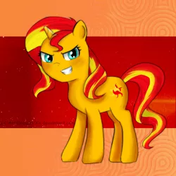 Size: 1000x1000 | Tagged: safe, artist:xx-artbloqued-xx, derpibooru import, sunset shimmer, pony, grin, looking at you, solo