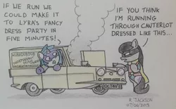 Size: 1024x634 | Tagged: safe, artist:bobthedalek, derpibooru import, octavia melody, vinyl scratch, earth pony, pony, unicorn, batman, car, clothes, costume, duo, female, only fools and horses, parody, reliant robin, robin, wubmobile