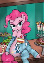 Size: 702x1000 | Tagged: artist:pijinpyon, bedroom eyes, cake, clothes, derpibooru import, duckface, female, food, foodplay, frosting, messy, pinkie pie, pinup, solo, solo female, stockings, suggestive, table