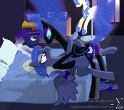 Size: 8500x7500 | Tagged: absurd resolution, artist:90sigma, bed, duality, female, lesbian, lunamoon, mooncest, nightmare moon, princess luna, selfcest, self ponidox, shipping, suggestive