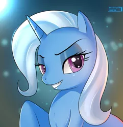 Size: 1014x1053 | Tagged: safe, artist:skyline19, derpibooru import, trixie, pony, unicorn, bust, female, grin, lidded eyes, mare, portrait, raised hoof, sexy, sinfully sexy, smiling, solo