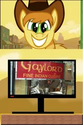 Size: 501x750 | Tagged: safe, derpibooru import, braeburn, exploitable meme, gay, gaylord, grin, male, meme, obligatory pony, restaurant, smiling, squee, starry eyes, tv meme, wingding eyes