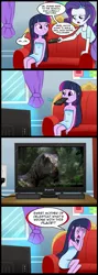 Size: 713x2000 | Tagged: safe, artist:madmax, derpibooru import, edit, rarity, twilight sparkle, dinosaur, equestria girls, alpha (jurassic park 3), comic, exploitable meme, jurassic park 3, meme, mother of celestia, mouth hold, pony (sony), remote, sony, television, towel, tv meme, what's wrong with this place