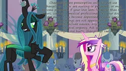 Size: 1280x720 | Tagged: safe, derpibooru import, screencap, comet tail, derpy hooves, fine line, maxie, meadow song, orion, perfect pace, princess cadance, queen chrysalis, rainbowshine, shooting star (character), changeling, changeling queen, pegasus, pony, a canterlot wedding, female, insane pony thread, mare, messy mane, prescription, side effects, tumblr