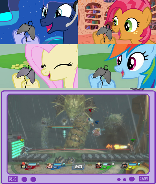 Size: 782x918 | Tagged: babs seed, derpibooru import, exploitable meme, fluttershy, gamer babs, gamerdash, gamer luna, gamer meme, gamershy, hydra, meme, multiple heads, obligatory pony, playstation all-stars battle royale, princess luna, rainbow dash, safe, tv meme