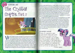 Size: 1126x794 | Tagged: safe, derpibooru import, official, king sombra, princess cadance, princess celestia, shining armor, spike, twilight sparkle, alicorn, crystal pony, pony, unicorn, the crystal empire, crystal empire, crystal fair con, elements of harmony, epic wife tossing, fastball special, female, guidebook, male, mare, stallion, text, unicorn twilight