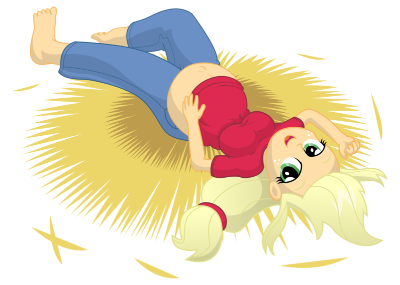 Size: 13500x9600 | Tagged: safe, artist:xniclord789x, derpibooru import, applejack, equestria girls, absurd resolution, and that's how apple bloom was made, barefoot, bedroom eyes, belly, belly button, big belly, feet, hay, looking at you, on back, pregnant, simple background, solo, transparent background