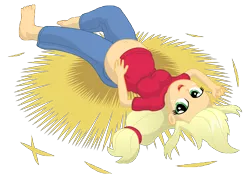 Size: 13500x9600 | Tagged: safe, artist:xniclord789x, derpibooru import, applejack, equestria girls, absurd resolution, and that's how apple bloom was made, barefoot, bedroom eyes, belly, belly button, big belly, feet, hay, looking at you, on back, pregnant, simple background, solo, transparent background