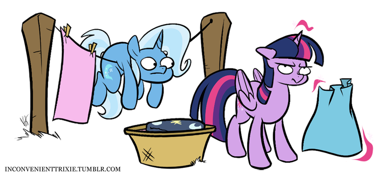 Size: 1048x476 | Tagged: safe, artist:egophiliac, derpibooru import, trixie, twilight sparkle, twilight sparkle (alicorn), alicorn, pony, unicorn, tumblr:inconvenient trixie, clothes line, duo, female, glowing horn, horn, inconvenient trixie, laundry, levitation, magic, magic aura, mare, simple background, telekinesis, tumblr, twilight is not amused, unamused, white background, woonoggles