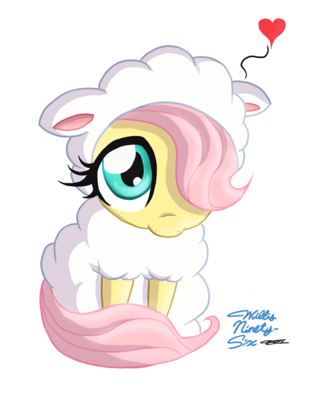 Size: 1280x1666 | Tagged: safe, artist:willisninety-six, derpibooru import, fluttershy, pegasus, pony, sheep, :i, animal, clothes, costume, cute, filly, fluttersheep, hair over one eye, heart, hnnng, looking at you, shyabetes, simple background, sitting, smiling, solo, transparent background, weapons-grade cute