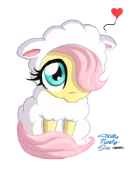 Size: 1280x1666 | Tagged: safe, artist:willisninety-six, derpibooru import, fluttershy, pegasus, pony, sheep, :i, animal, clothes, costume, cute, filly, fluttersheep, hair over one eye, heart, hnnng, looking at you, shyabetes, simple background, sitting, smiling, solo, transparent background, weapons-grade cute