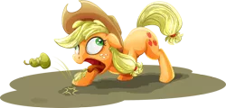 Size: 2080x1000 | Tagged: safe, artist:dcpip, derpibooru import, applejack, pony, bleh, derp, food, hilarious in hindsight, pear, silly, silly pony, simple background, solo, that pony sure does hate pears, transparent background, who's a silly pony