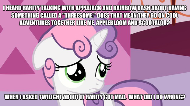 Size: 624x350 | Tagged: caption, derpibooru import, edit, edited screencap, female, image macro, implied group sex, implied polyamory, implied sex, implied threesome, lesbian, naive sweetie belle, naivete of youth, rarijackdash, sad, screencap, shipping, solo, suggestive, sweetie belle