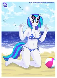 Size: 872x1200 | Tagged: anthro, artist:shinn3, barefoot, beach, beach ball, belly button, big breasts, bikini, breasts, busty vinyl scratch, clothes, derpibooru import, feet, female, ocean, peace sign, plantigrade anthro, safe, side-tie bikini, solo, swimsuit, vinyl scratch, wide hips