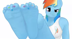 Size: 1280x704 | Tagged: suggestive, artist:companioncube, artist:dactdigityl, derpibooru import, rainbow dash, anthro, plantigrade anthro, barefoot, breasts, feet, female, fetish, foot fetish, foot focus, looking at you, simple background, solo, solo female, white background