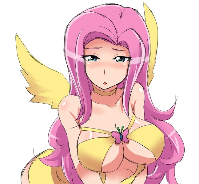 Size: 900x835 | Tagged: adorasexy, artist:nightmare_doom, bedroom eyes, big breasts, blushing, breasts, busty fluttershy, choker, cleavage, clothes, cute, derpibooru import, female, fluttershy, human, humanized, looking at you, :o, open mouth, pixiv, sexy, simple background, solo, solo female, spread wings, suggestive, underboob, white background, winged humanization, wings