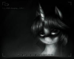 Size: 750x590 | Tagged: safe, artist:ventious, derpibooru import, oc, oc:lumi, unofficial characters only, pony, unicorn, animated, camera shot, dark, diary of lumi, grayscale, lonely, monochrome, recording, sad, solo, static